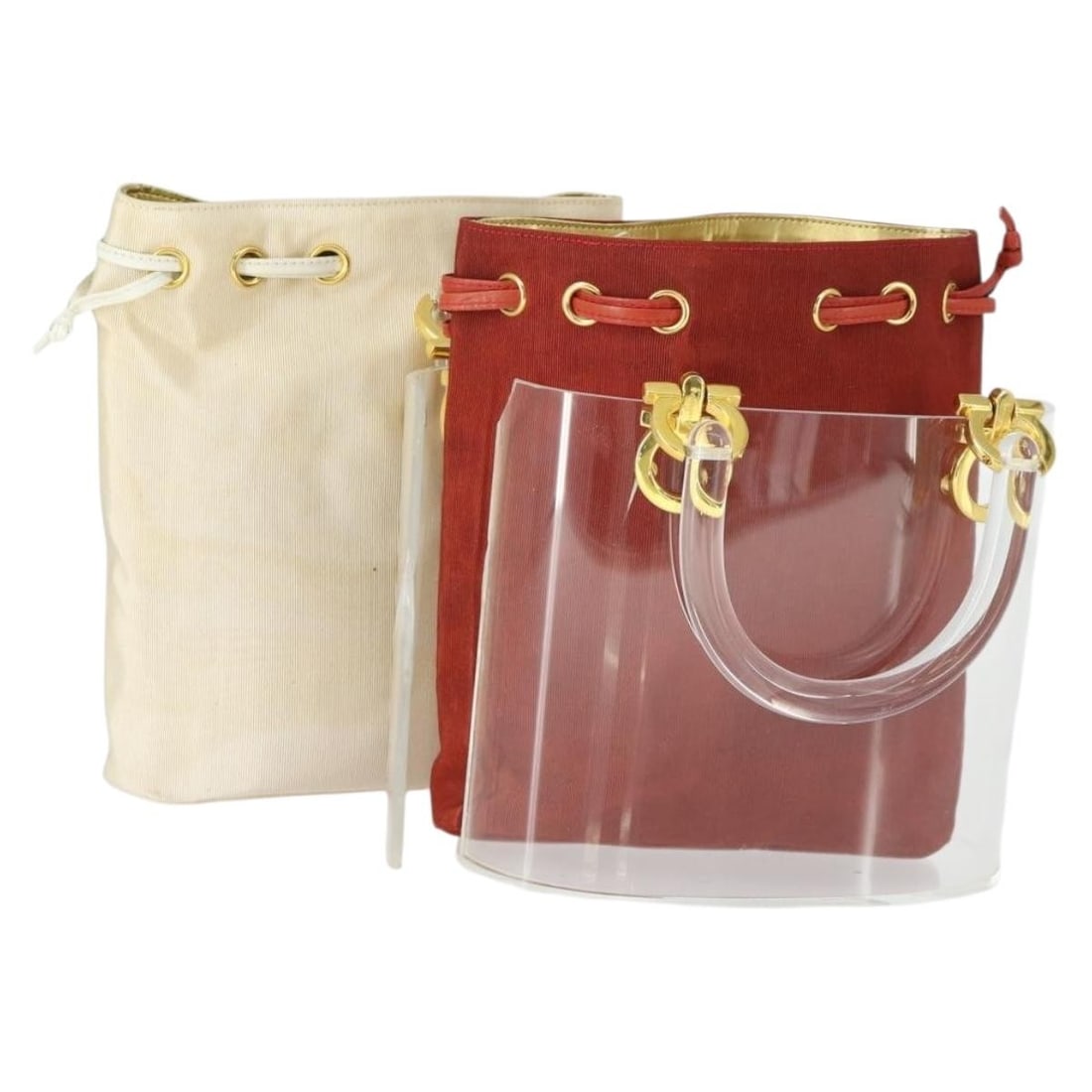 Salvatore Ferragamo Gancini Plastic Hand Bag Red Clear Beige: Salvatore Ferragamo Gancini Plastic Hand Bag Red Clear Beige This Salvatore Ferragamo Gancini handbag features a distinctive combination of red, clear, and beige plastic materials. Crafted in Italy,