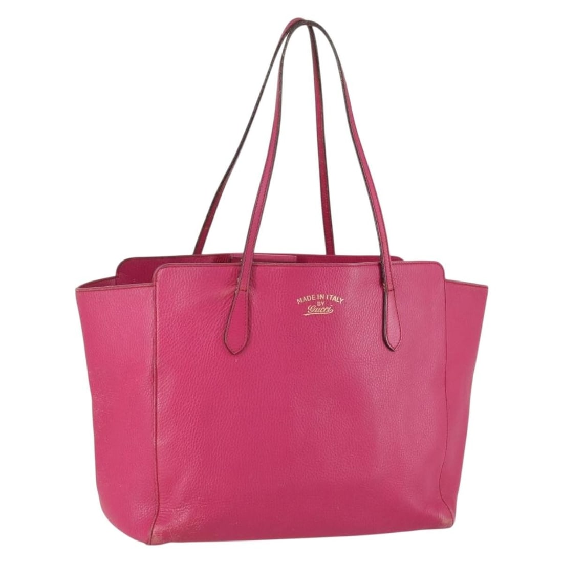 Pink Leather Gucci Tote Bag Model 354397 Gold Accents Italy: Pink Leather Gucci Tote Bag Model 354397 Gold Accents Italy This GUCCI tote bag features a pink and gold leather exterior and is crafted in Italy. The bag is designed with a spacious interior and