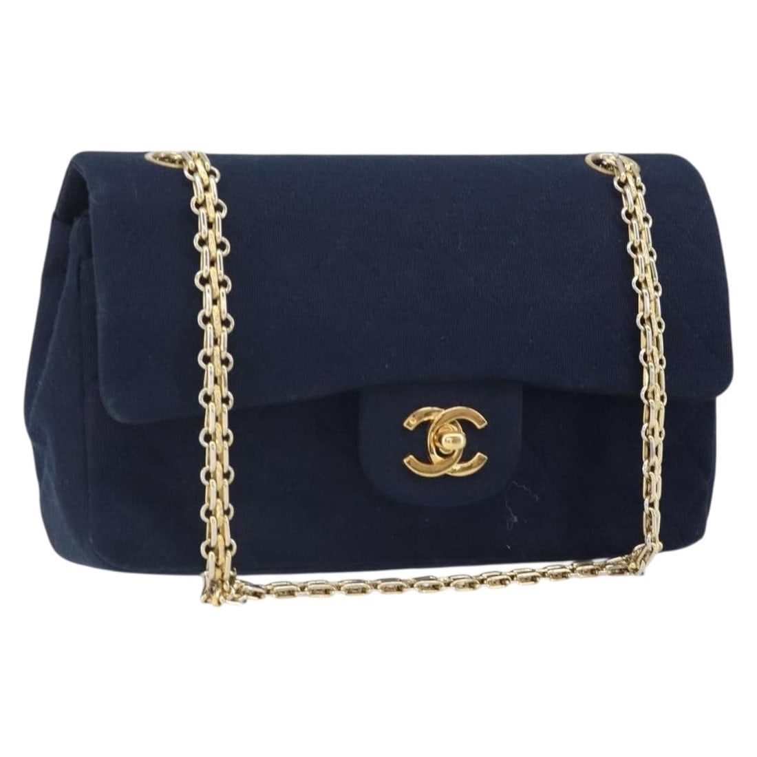 Navy Jersey CHANEL 23 Double Flap Shoulder Bag with Chain and Gold CC: Navy Jersey CHANEL 23 Double Flap Shoulder Bag with Chain and Gold CC This CHANEL Double Flap Matelasse 23 shoulder bag features a classic navy cotton exterior with gold-tone accents and signature CC