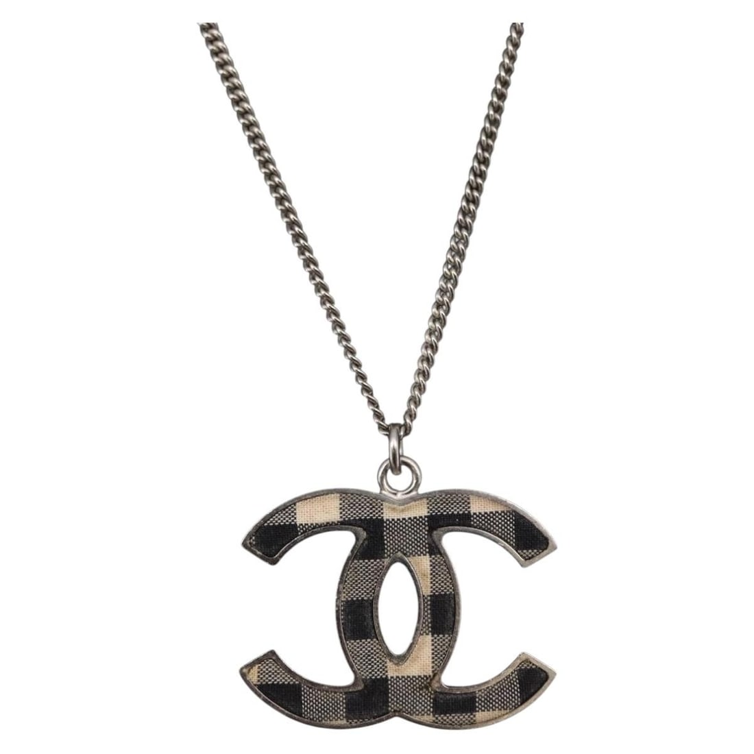 Silver Metal Necklace by CHANEL with CC Logo and Dust Bag: Silver Metal Necklace by CHANEL with CC Logo and Dust Bag This CHANEL COCO Mark necklace features a silver-tone metal design with the iconic CC logo. Made in Italy, the necklace measures approximately