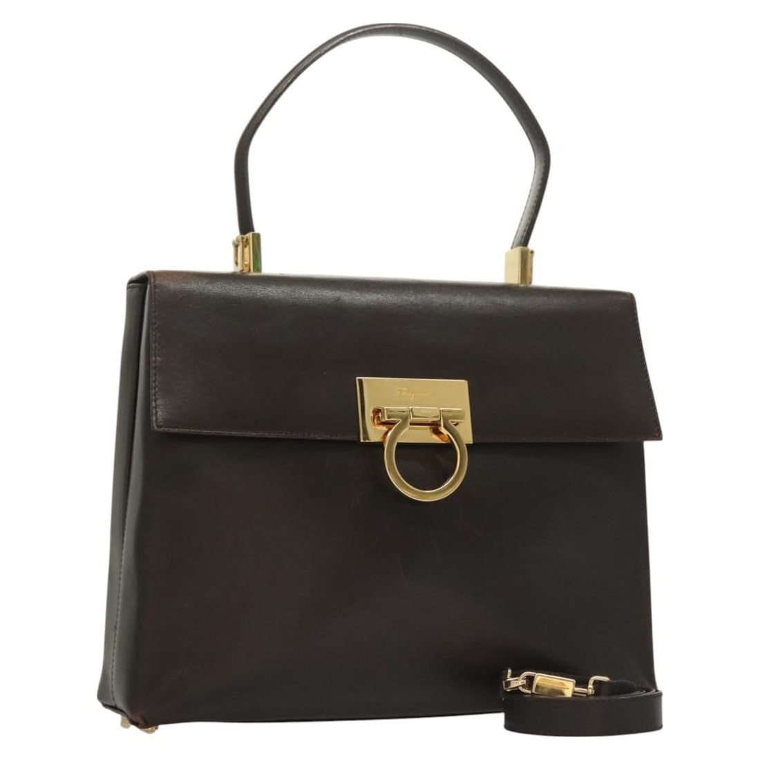 Salvatore Ferragamo Gancini Leather Hand Bag Brown Gold 2-Way Italy: Salvatore Ferragamo Gancini Leather Hand Bag Brown Gold 2-Way Italy This exquisite Salvatore Ferragamo Gancini Hand Bag features a luxurious leather exterior in a sophisticated brown and gold color sc