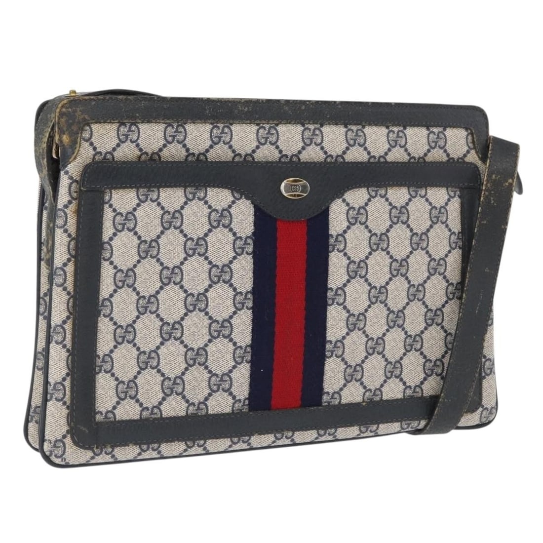 Gucci Sherry Line Navy GG Supreme Shoulder Bag PVC Leather 14 02 013: Gucci Sherry Line Navy GG Supreme Shoulder Bag PVC Leather 14 02 013 This GUCCI GG Supreme Sherry Line shoulder bag is crafted from durable PVC leather and GG canvas in navy, gold, and red. The bag fe