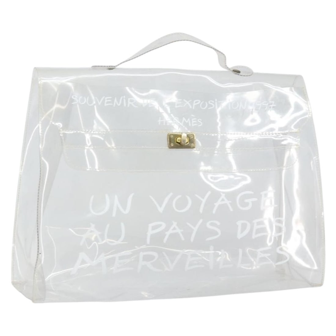 Clear Vinyl Kelly Handbag by Hermes France: Clear Vinyl Kelly Handbag by Hermes France This HERMES Kelly hand bag is crafted from clear vinyl and features a structured silhouette with a top handle design. The bag is heavily used, showing signs