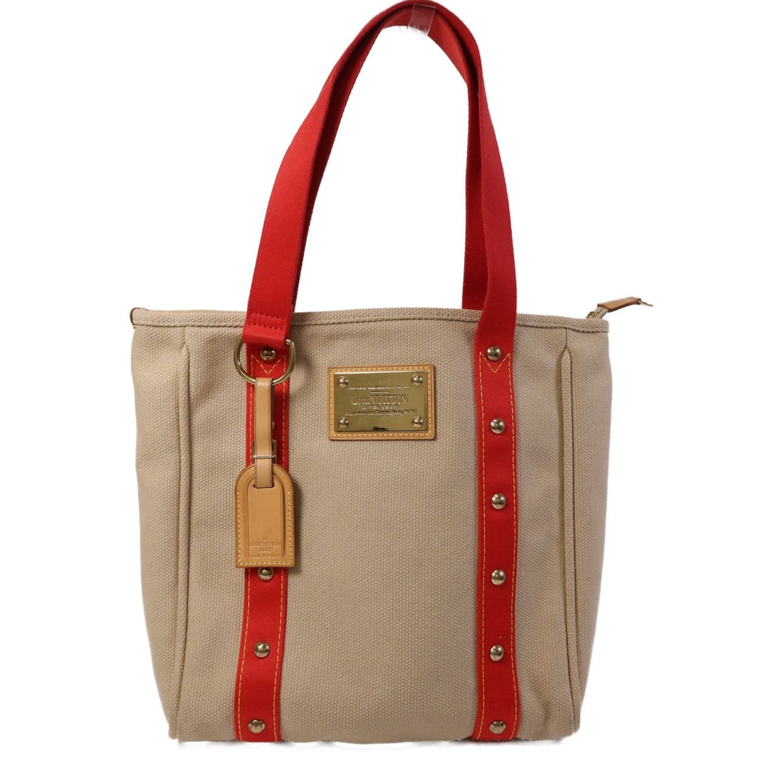 Louis Vuitton Cabas MM Tote Beige Red Canvas M40035 Gold Hardware: Louis Vuitton Cabas MM Tote Beige Red Canvas M40035 Gold Hardware This Louis Vuitton Cabas MM tote bag features a beige canvas exterior with red accents and gold-tone hardware. Crafted in France, this