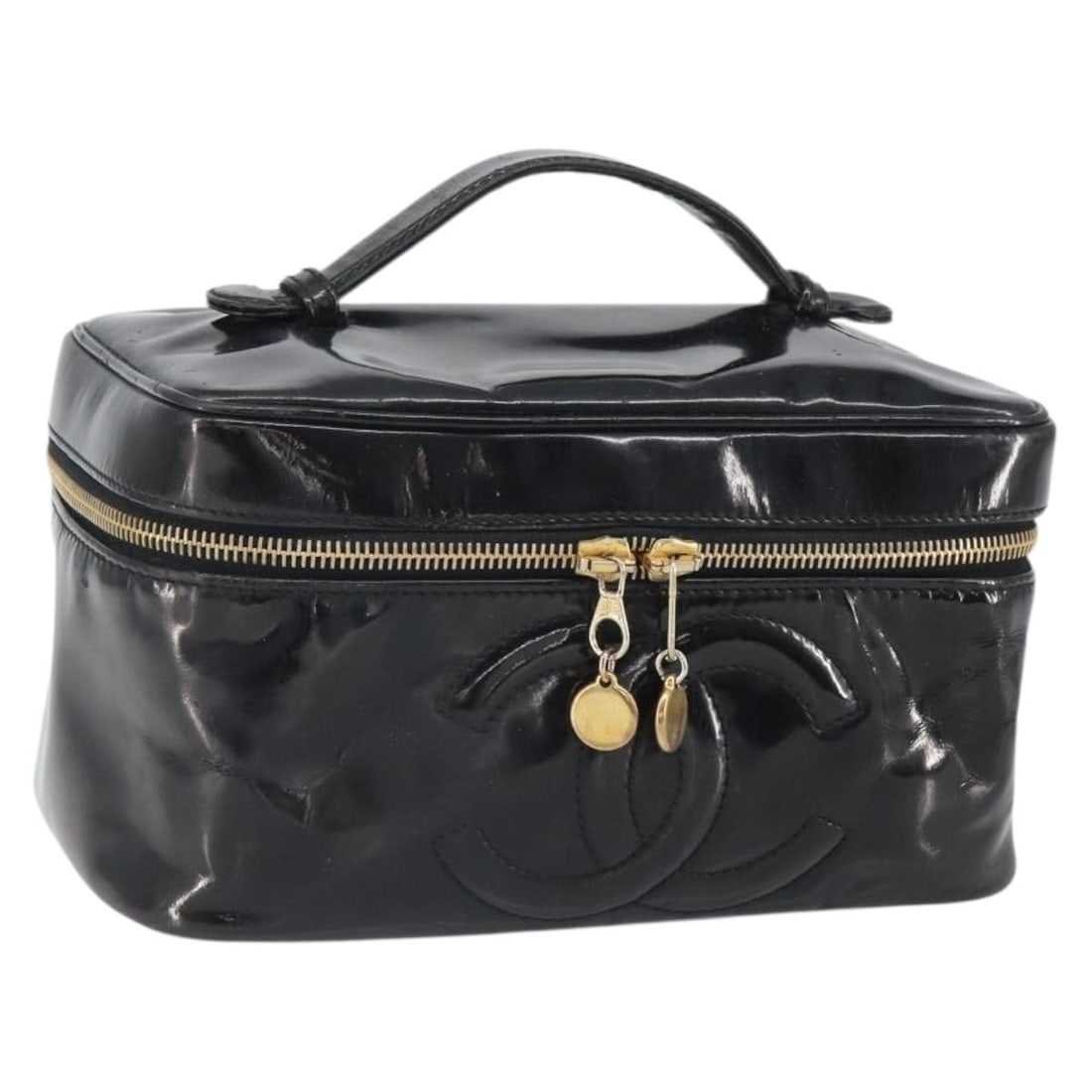 CHANEL Black Patent Leather Vanity Pouch with Gold CC Logo: CHANEL Black Patent Leather Vanity Pouch with Gold CC Logo This Chanel vanity pouch is crafted from black patent leather with gold-tone accents. The handbag features a structured silhouette, a top han