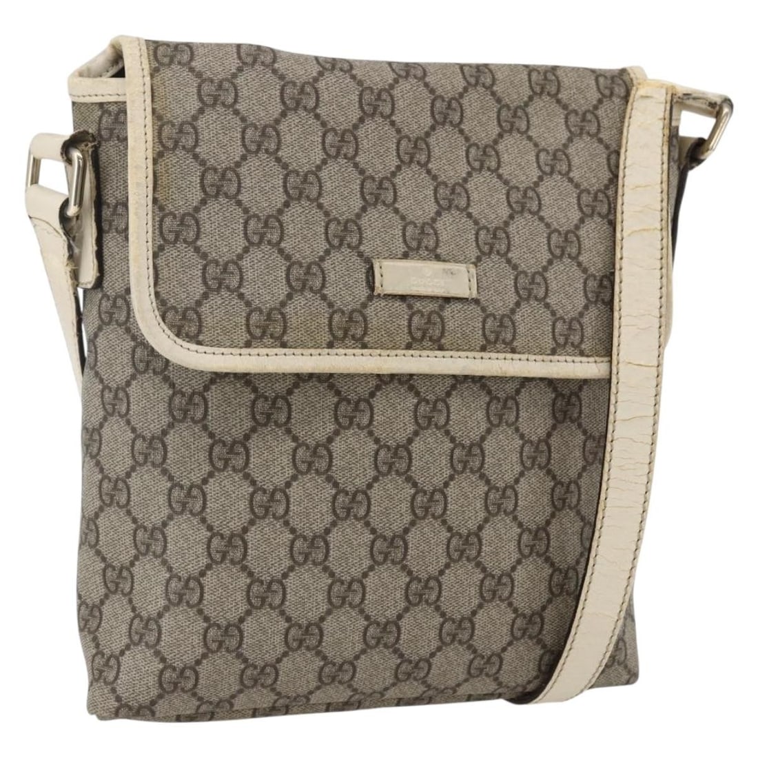 Beige Gold GG Supreme Shoulder Bag by Gucci PVC 223666 Italy: Beige Gold GG Supreme Shoulder Bag by Gucci PVC 223666 Italy This is a Gucci GG Supreme shoulder bag crafted from beige and gold PVC leather with GG canvas detailing. The bag features a compact silhou