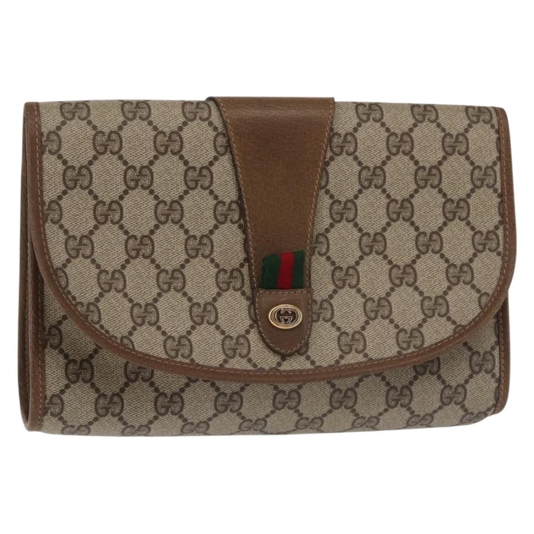 GUCCI GG Supreme Sherry Line Beige Red Clutch Bag PVC Auth 89 01 030: GUCCI GG Supreme Sherry Line Beige Red Clutch Bag PVC Auth 89 01 030 This GUCCI GG Supreme Web Sherry Line Clutch Bag is a stylish accessory crafted from durable PVC leather, featuring a chic beige an