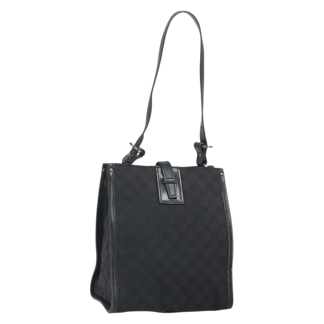 Gucci Black GG Canvas 110292 Shoulder Bag with Silver Accents: Gucci Black GG Canvas 110292 Shoulder Bag with Silver Accents This GUCCI GG Canvas shoulder bag features a black and silver color scheme with the iconic GG canvas exterior. The bag is crafted in Italy