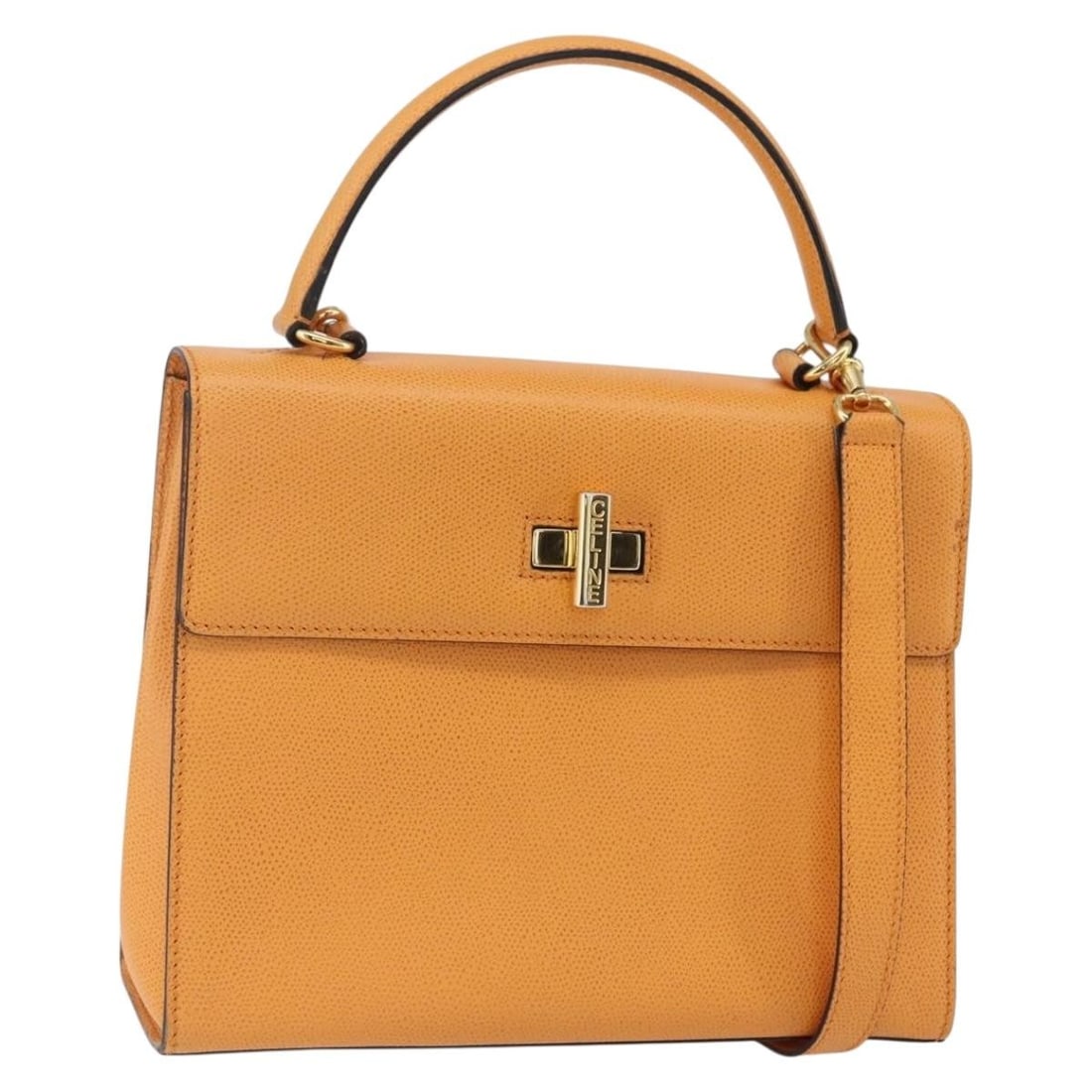 CELINE Leather Hand Bag 2 Way Orange Gold Auth Italy: CELINE Leather Hand Bag 2 Way Orange Gold Auth Italy This Celine handbag is a stunning blend of style and functionality, crafted from high-quality leather in a vibrant orange and gold color scheme. Id