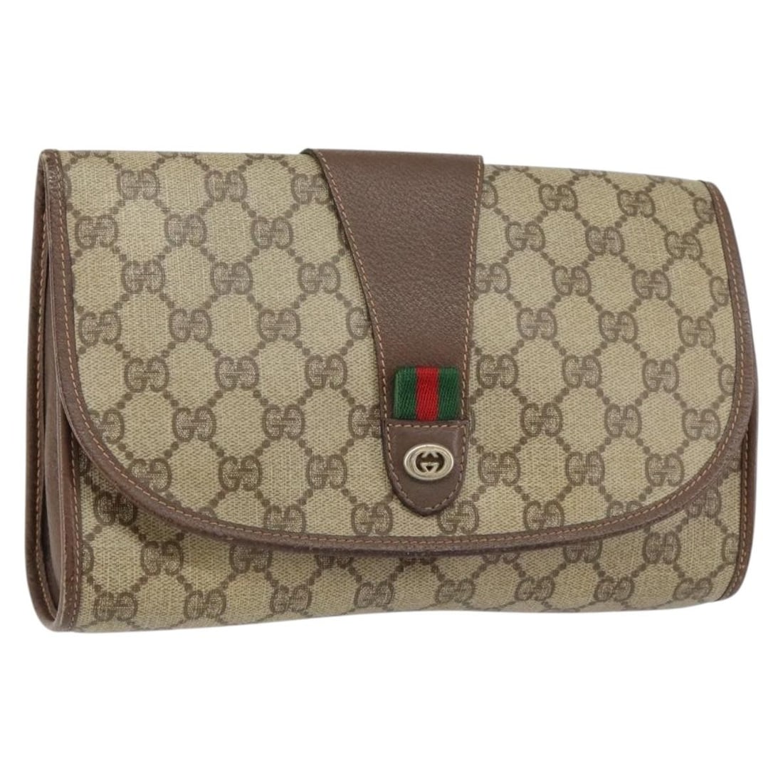 GUCCI GG Supreme Sherry Line Clutch Bag Beige Gold PVC Auth 156 01 030: GUCCI GG Supreme Sherry Line Clutch Bag Beige Gold PVC Auth 156 01 030 This GUCCI GG Supreme Web Sherry Line Clutch Bag is a sophisticated accessory made in Italy. Crafted from durable PVC leather wit