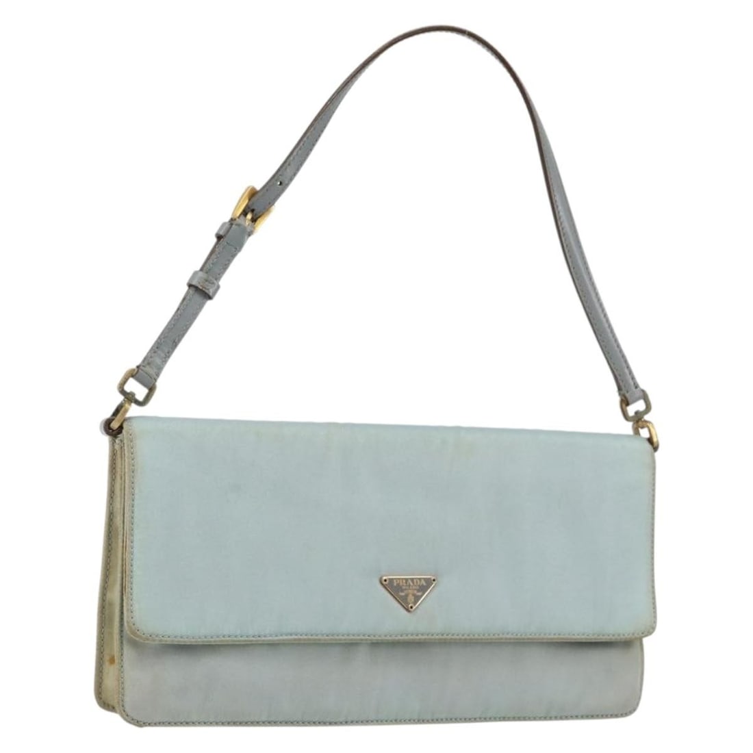 PRADA Light Blue Gold Nylon Shoulder Bag Auth 143505 Italy: PRADA Light Blue Gold Nylon Shoulder Bag Auth 143505 Italy This authentic PRADA Shoulder Bag is crafted from durable nylon in a stunning light blue color accented with gold details. Measuring approxim