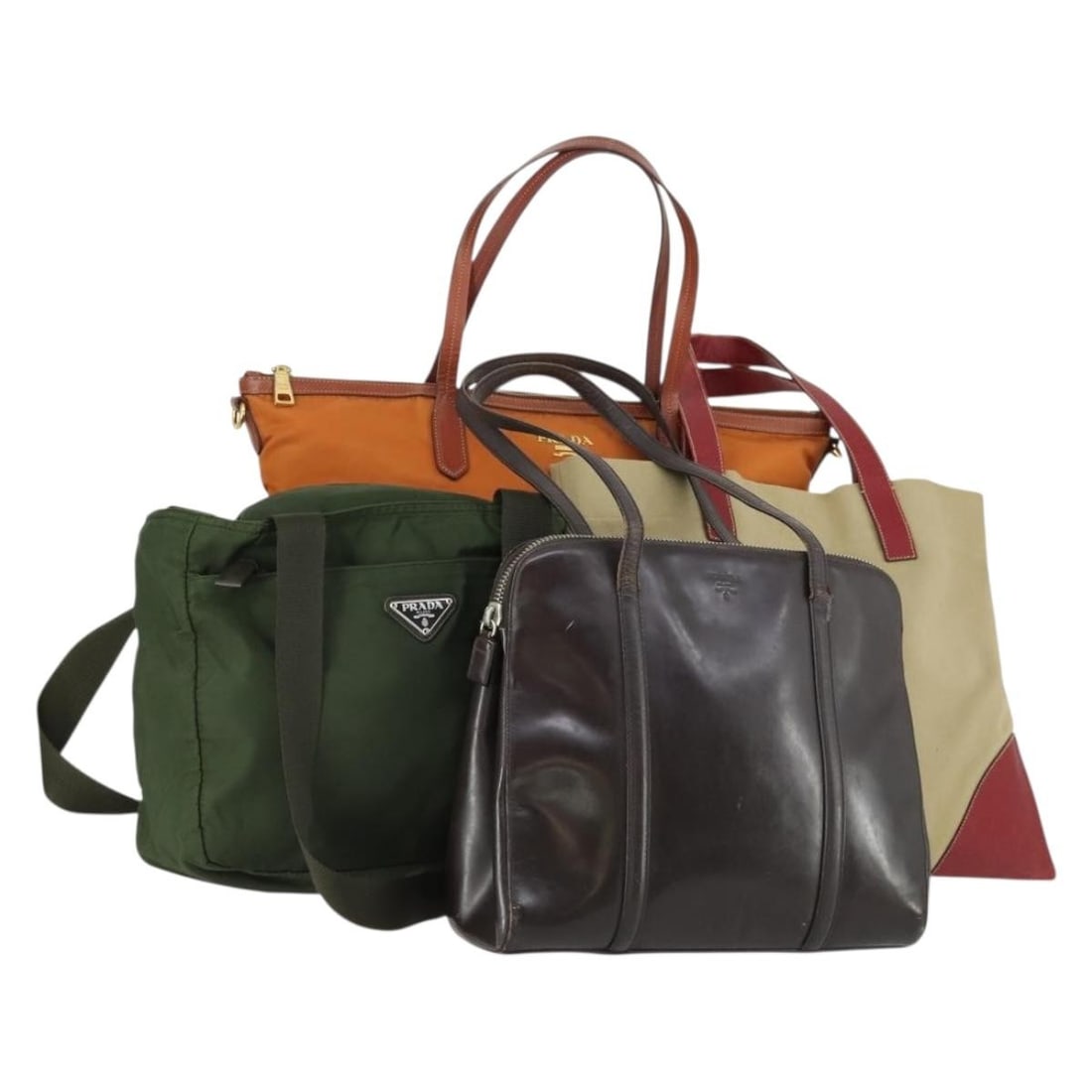 PRADA Nylon Tote Bag 4 Piece Set Orange Beige Khaki Authentic: PRADA Nylon Tote Bag 4 Piece Set Orange Beige Khaki Authentic Discover this authentic PRADA tote bag crafted from durable nylon in a striking combination of orange, beige, and khaki brown. This stylis