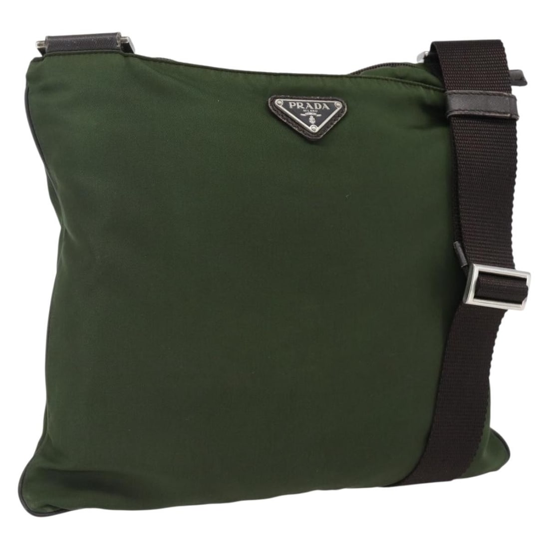 Prada Khaki Nylon Shoulder Bag with Silver-Tone Accents: Prada Khaki Nylon Shoulder Bag with Silver-Tone Accents This PRADA shoulder bag is crafted from khaki nylon with silver-tone accents. Made in Italy, it features an adjustable shoulder strap for versat