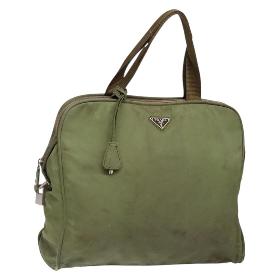 PRADA Nylon Hand Bag Green Silver Authentic Italy 139545: PRADA Nylon Hand Bag Green Silver Authentic Italy 139545 This authentic PRADA Hand Bag showcases a chic design made from durable nylon in a striking green and silver color combination. Measuring appro