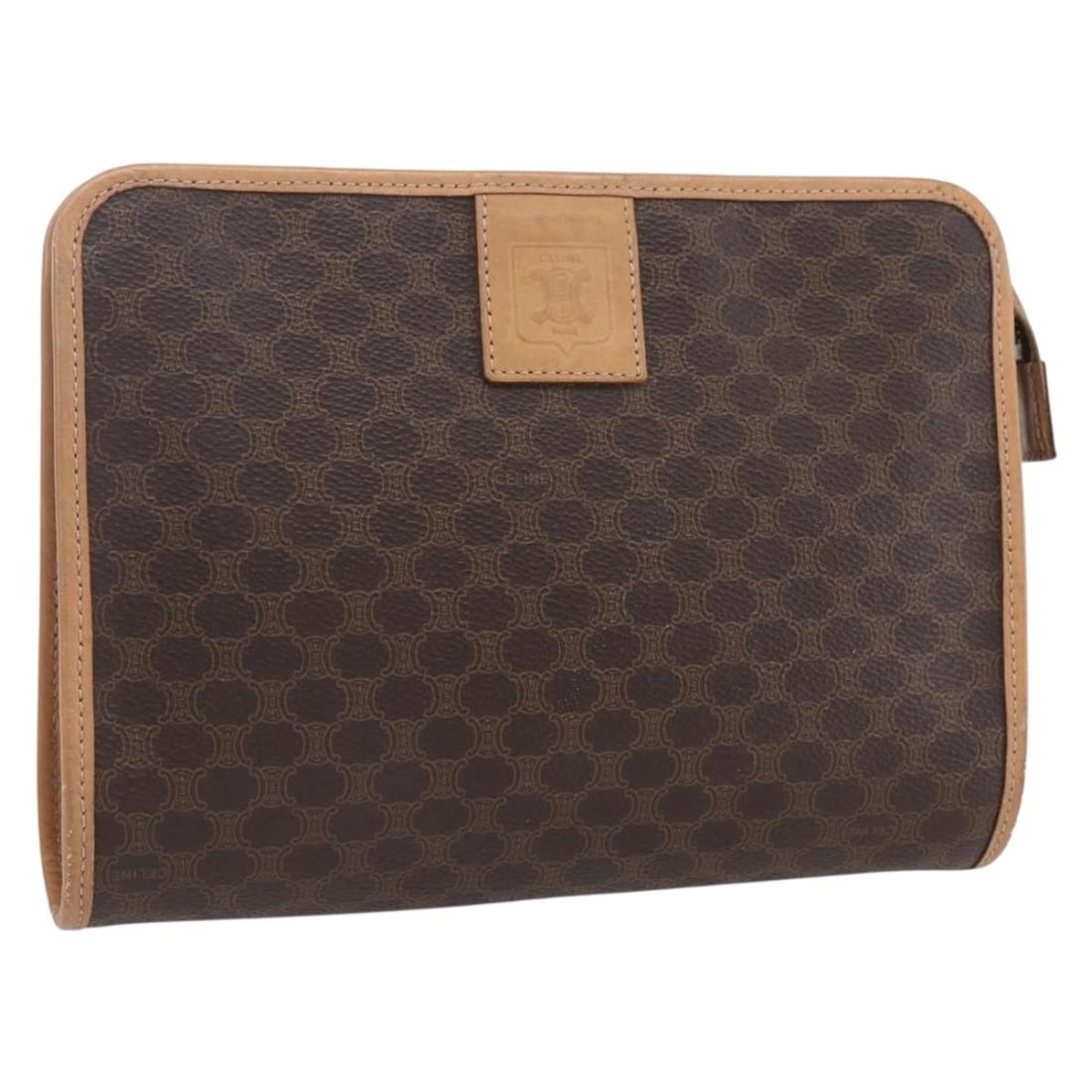 Celine Macadam Brown PVC Leather Clutch Bag Gold Accents Italy: Celine Macadam Brown PVC Leather Clutch Bag Gold Accents Italy This is a CELINE Macadam canvas clutch bag crafted from PVC leather in brown and gold tones. The bag is made in Italy and features the cl