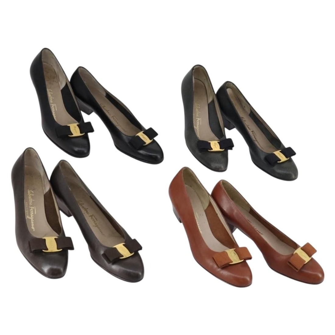 Salvatore Ferragamo Vala Pumps Leather Shoes Black Brown Set 4 Auth (1 of 17)