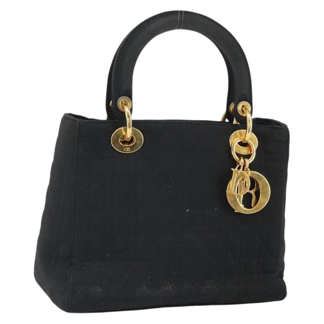 Christian Dior Lady Dior Nylon Hand Bag Black Gold Charm Italy: Christian Dior Lady Dior Nylon Hand Bag Black Gold Charm Italy Christian Dior Lady Dior Canage handbag crafted from black nylon with gold-tone hardware. Features a structured silhouette with a handle