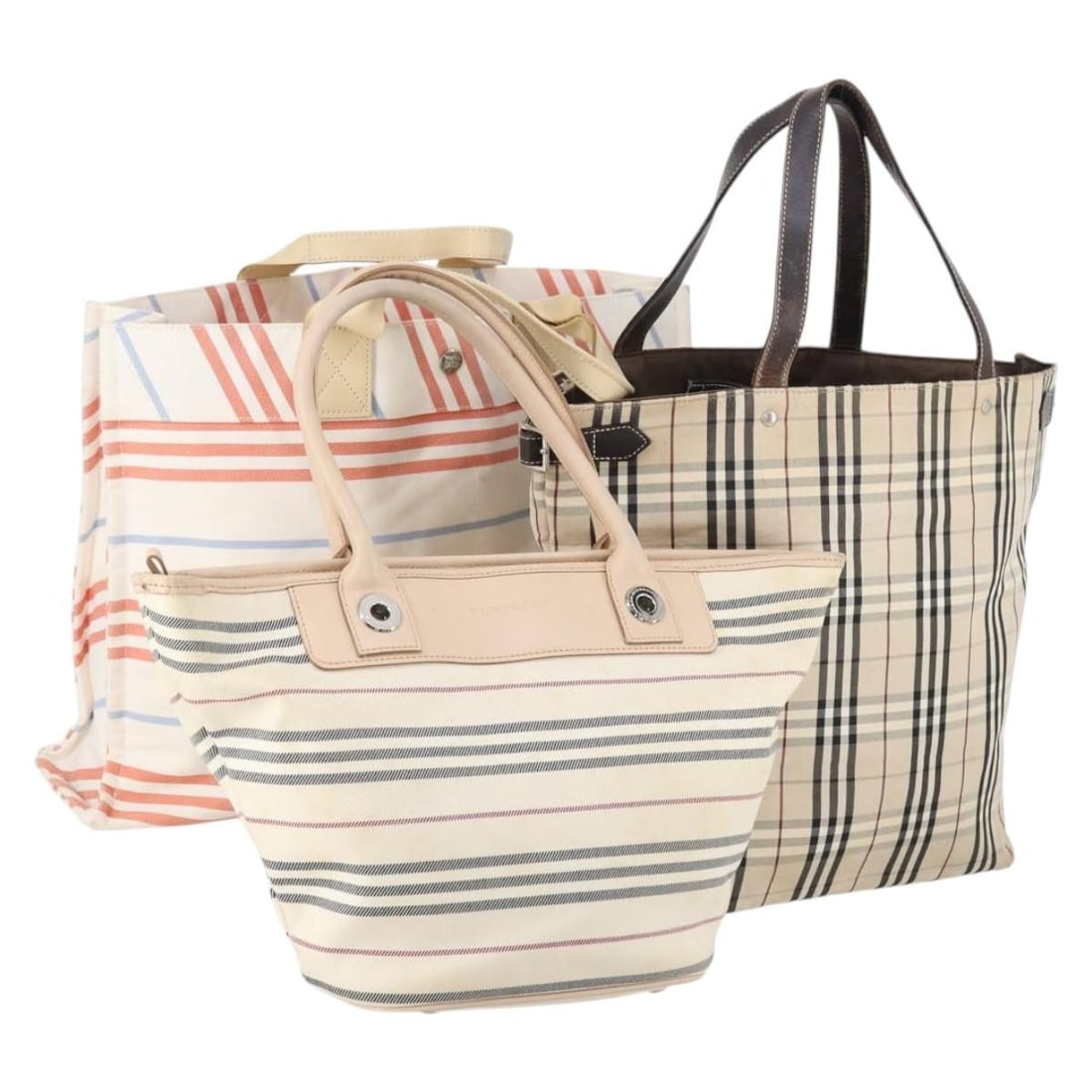 BURBERRY Nova Check Tote Bag Set of 3 Beige Canvas Authentic: BURBERRY Nova Check Tote Bag Set of 3 Beige Canvas Authentic This Burberry Nova Check Blue Label Tote Bag set features three pieces crafted from durable canvas in a classic beige color. The tote bag e