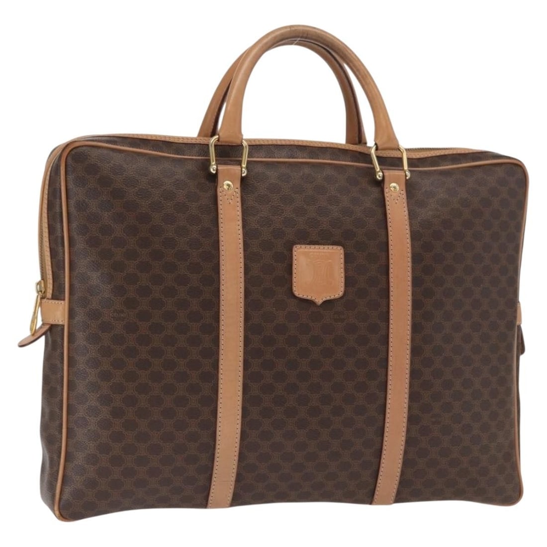 CELINE Macadam Brown PVC Leather Business Bag Gold Tone Hardware Italy: CELINE Macadam Brown PVC Leather Business Bag Gold Tone Hardware Italy This CELINE Macadam Canvas business bag features a brown and gold color scheme crafted from PVC leather and Macadam canvas. Made
