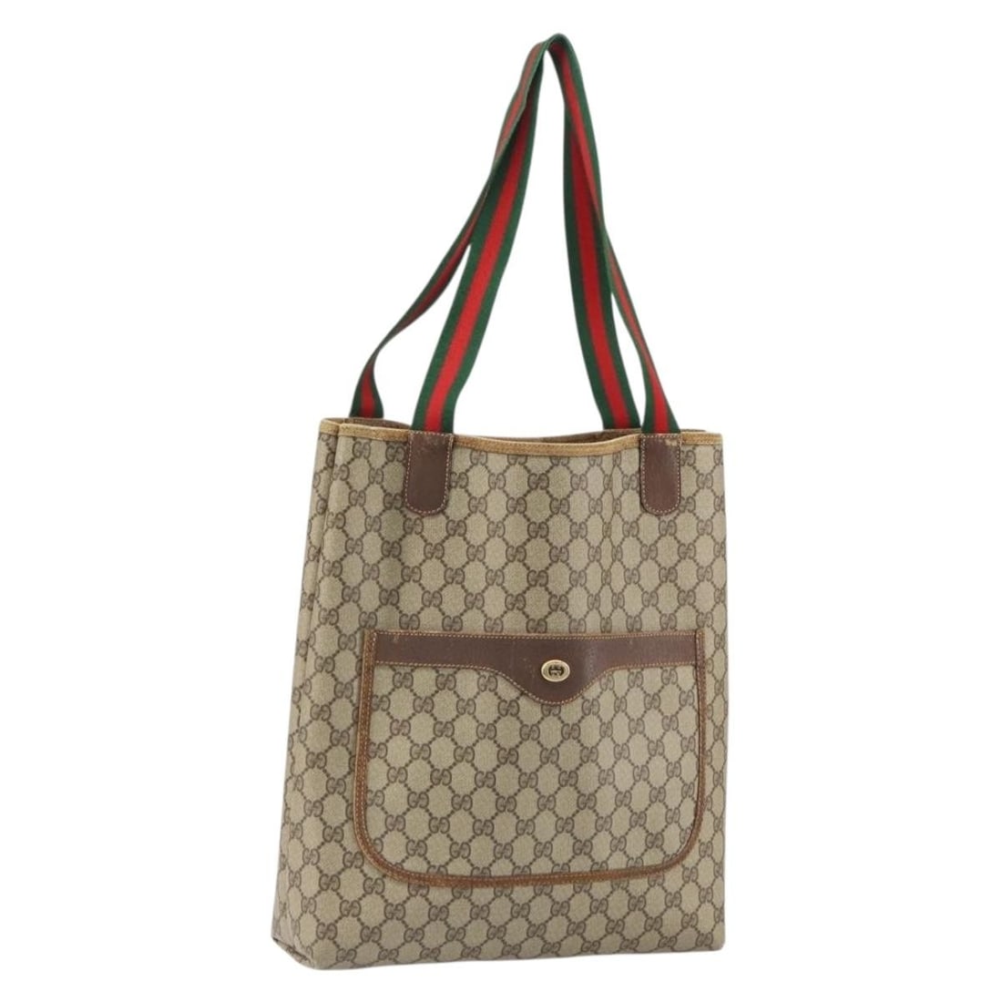 Gucci GG Supreme Tote Web Sherry Line PVC Beige Gold 89 02 003 Italy: Gucci GG Supreme Tote Web Sherry Line PVC Beige Gold 89 02 003 Italy This Gucci GG Supreme Web Sherry Line tote bag features a beige and gold PVC leather and GG canvas exterior. The bag has a spacious
