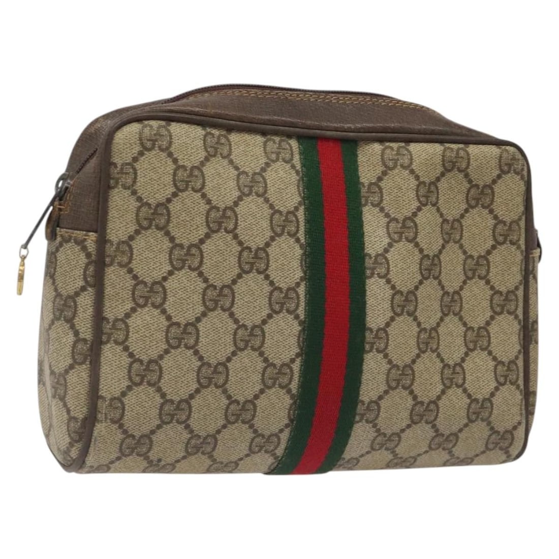 GUCCI GG Supreme Sherry Line Clutch Bag Beige Gold PVC Auth 010 378: GUCCI GG Supreme Sherry Line Clutch Bag Beige Gold PVC Auth 010 378 This authentic GUCCI GG Supreme Web Sherry Line Clutch Bag showcases a stylish blend of PVC leather and GG canvas in a sophisticated