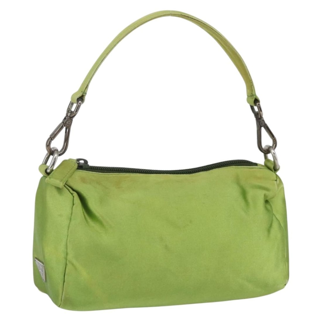 Green Satin PRADA Pouch Bag with Silver Accents Made in Italy: Green Satin PRADA Pouch Bag with Silver Accents Made in Italy This PRADA hand pouch features a green and silver satin exterior and is crafted in Italy. The pouch has a compact design with approximate