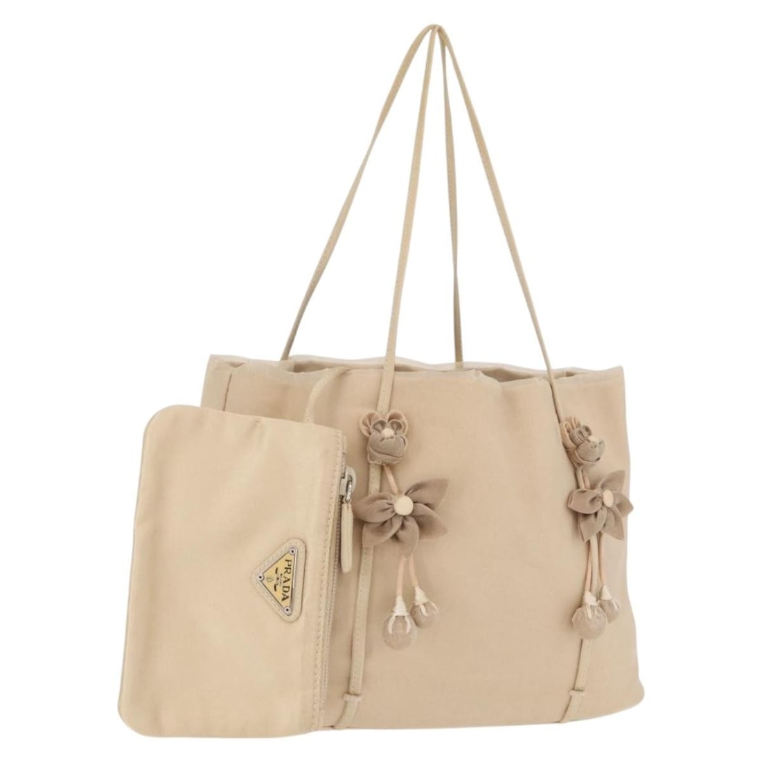 Prada Beige Velor Handbag with Pouch Made in Italy: Prada Beige Velor Handbag with Pouch Made in Italy This PRADA handbag features a beige velor exterior and comes with a matching pouch. The bag is crafted in Italy and includes a handle drop of approxi