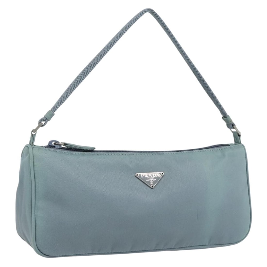 Light Blue Nylon Accessory Pouch by Prada with Silver Detail: Light Blue Nylon Accessory Pouch by Prada with Silver Detail This PRADA accessory pouch is crafted from light blue nylon with silver-tone accents. Made in Italy, it features a compact design, ideal fo