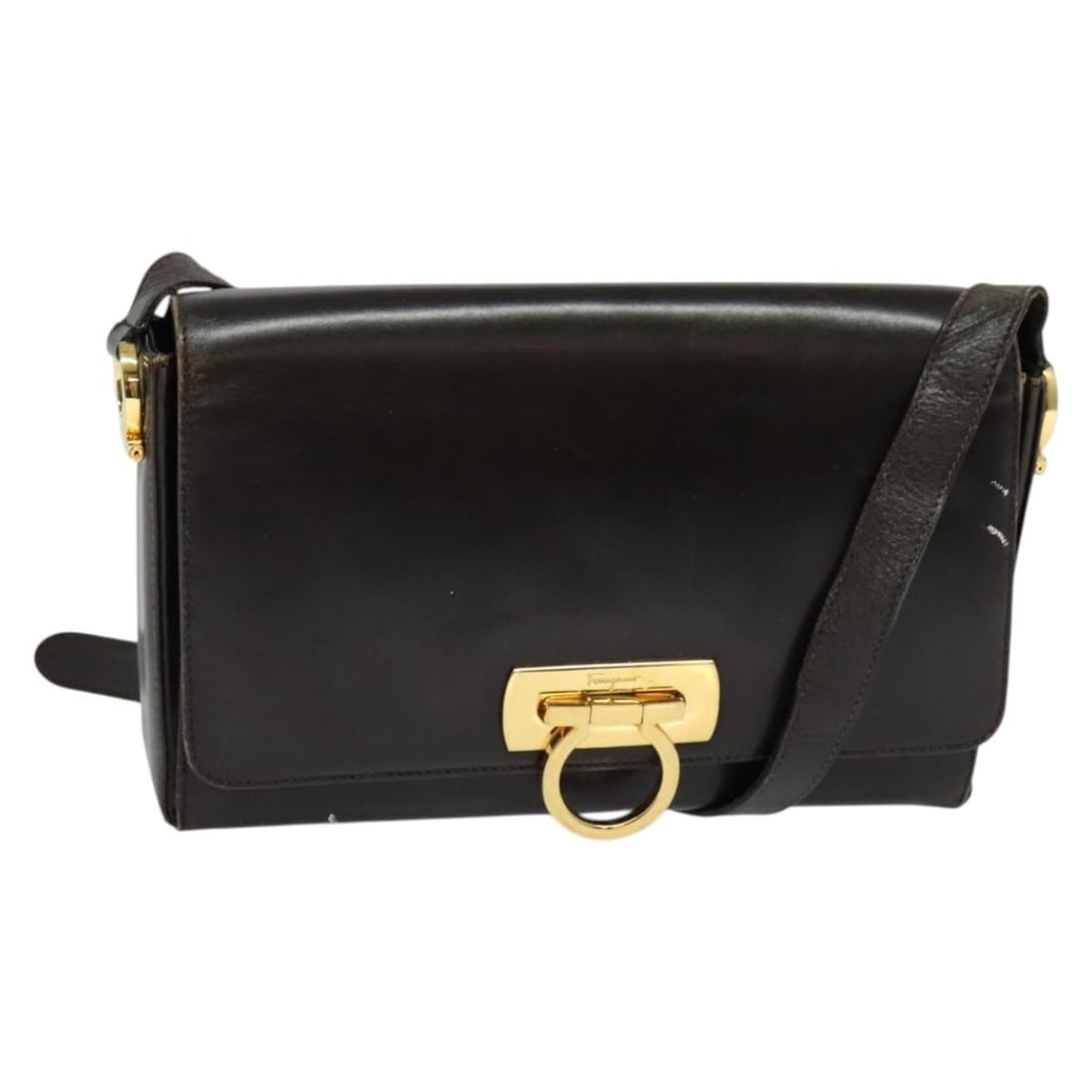 Salvatore Ferragamo Gancini Leather Shoulder Bag Brown Gold Auth Italy (1 of 18)