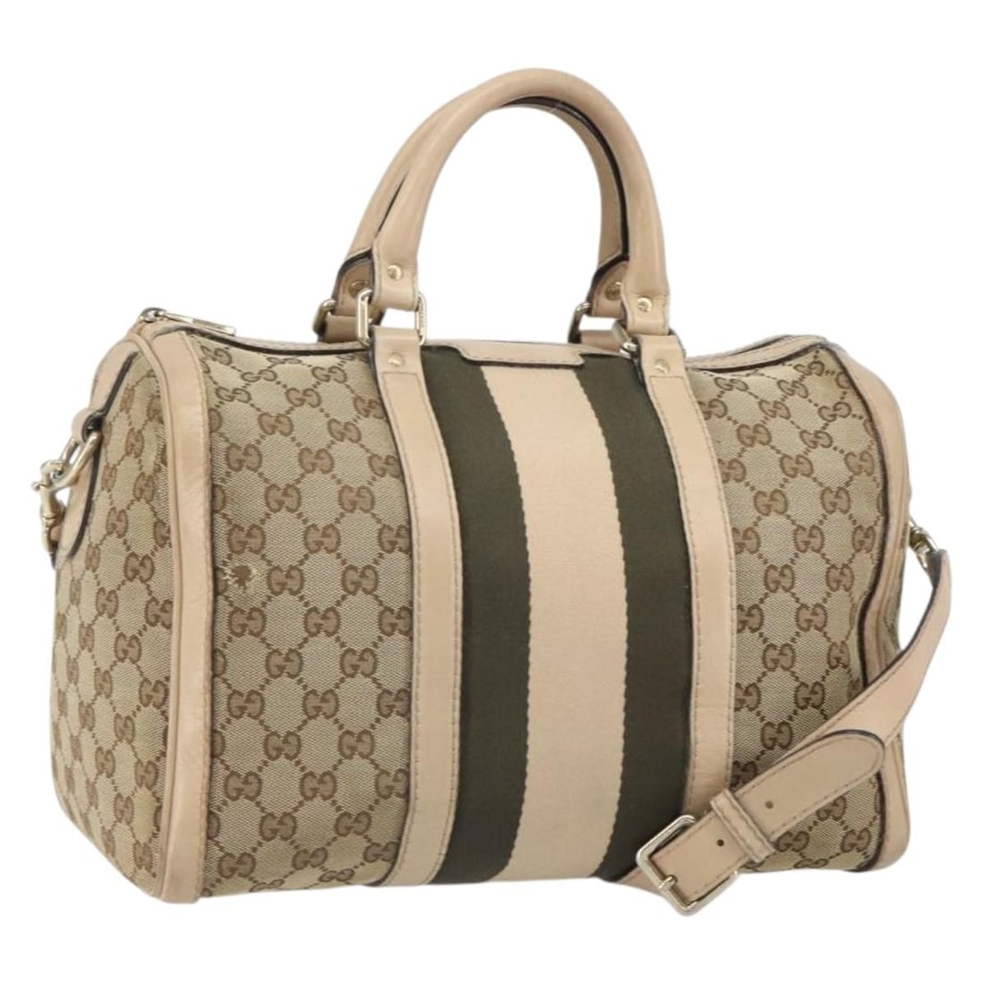 Beige Gold GG Canvas Leather Handbag with Shoulder Strap by Gucci 247205: Beige Gold GG Canvas Leather Handbag with Shoulder Strap by Gucci 247205 This is a GUCCI GG Canvas Sherry Line 2-way handbag, crafted with beige and gold leather and GG canvas. It features dual carryi