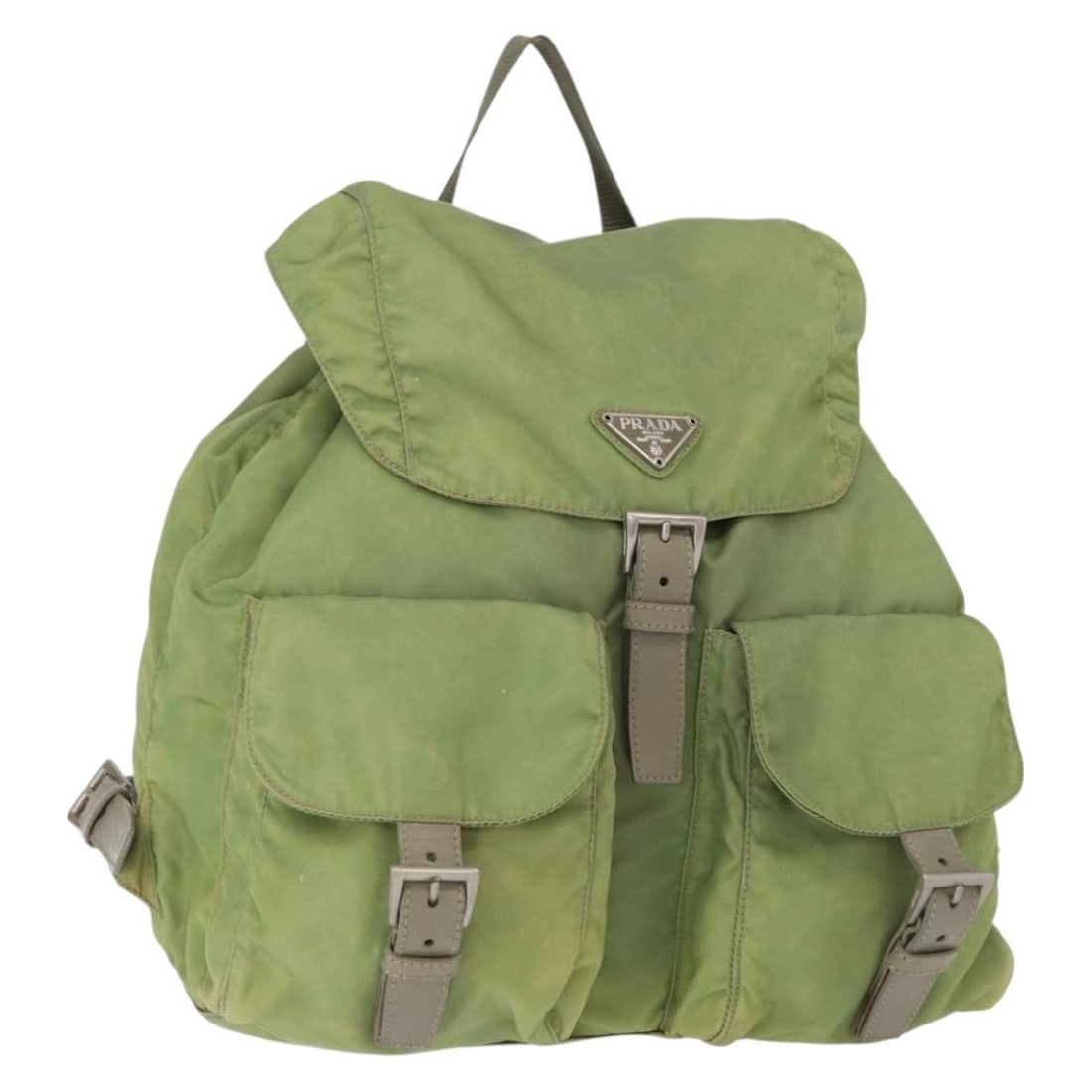 PRADA Green Silver Nylon Backpack Made in Italy Authenticated: PRADA Green Silver Nylon Backpack Made in Italy Authenticated This PRADA backpack combines functionality with fashion, featuring a striking green and silver nylon exterior. Measuring approximately 11.