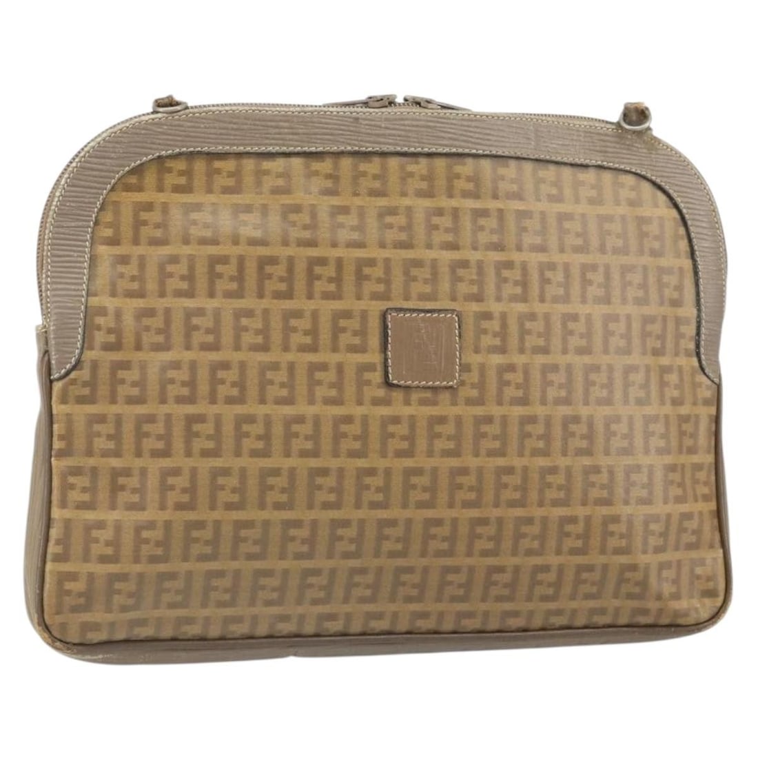 Brown PVC and Zucchino Canvas Fendi Clutch Bag from Italy: Brown PVC and Zucchino Canvas Fendi Clutch Bag from Italy This FENDI Zucchino clutch bag features a brown PVC leather and Zucchino canvas exterior. The bag shows significant signs of use, including lo