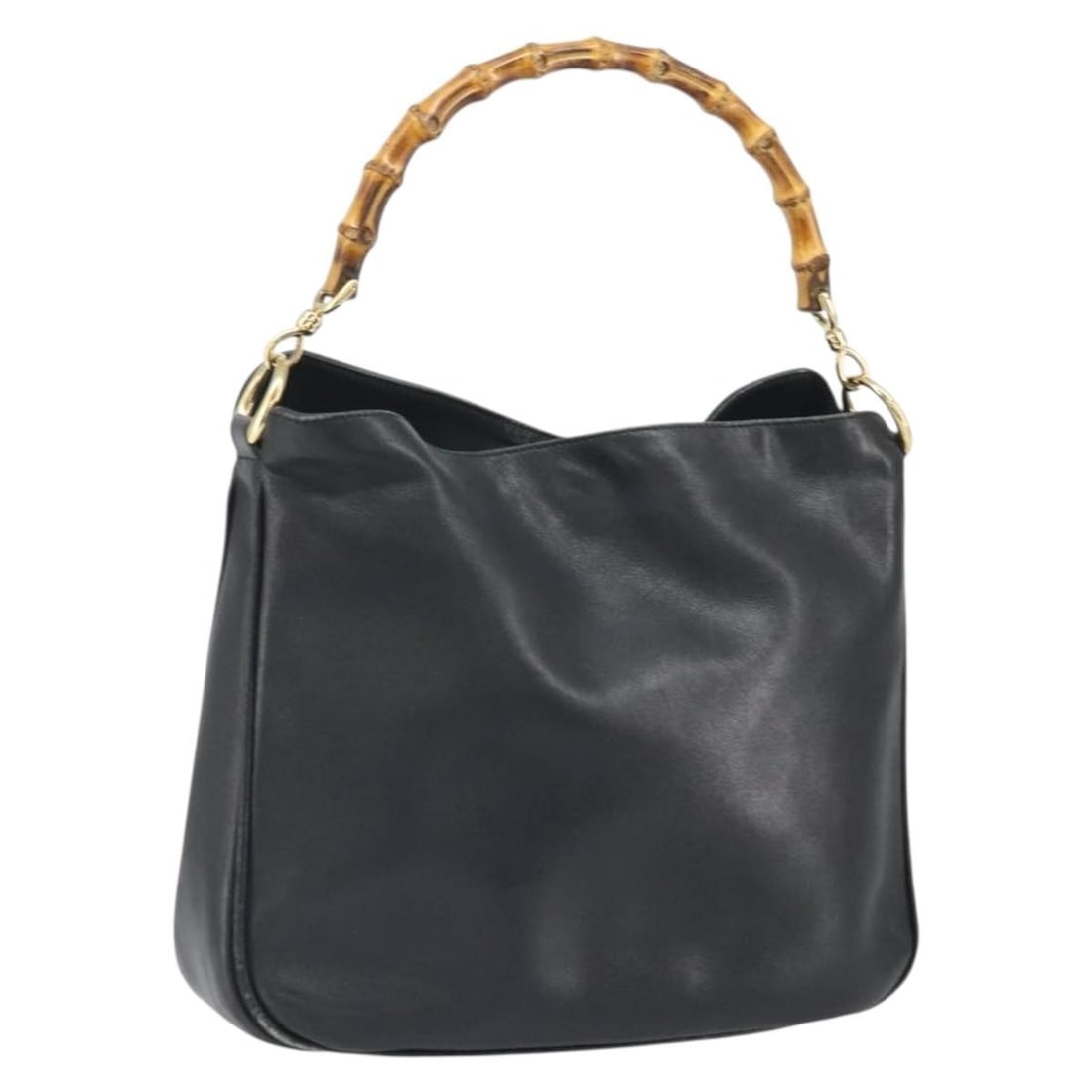 Black Leather Gucci Bamboo Handle Handbag Gold Accents Italy: Black Leather Gucci Bamboo Handle Handbag Gold Accents Italy This is a Gucci Bamboo handbag crafted from black leather with gold-tone accents. Made in Italy, the bag features the iconic bamboo handle,