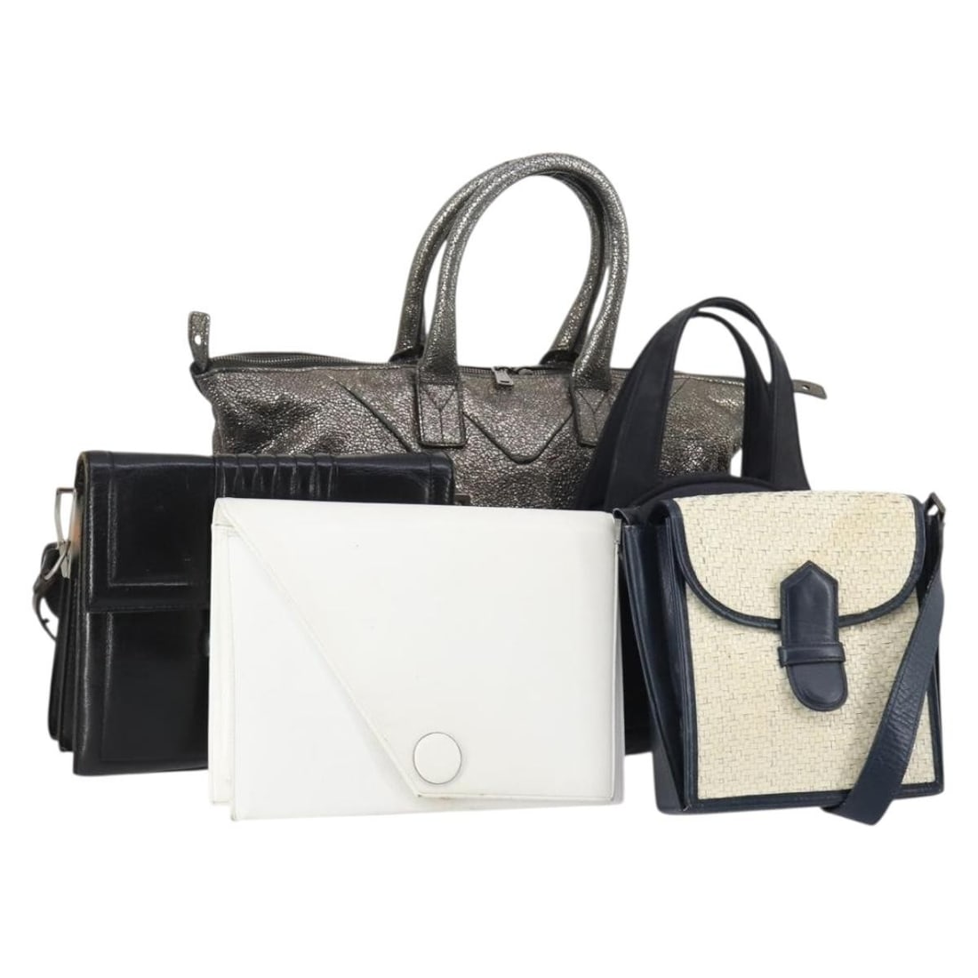 SAINT LAURENT Leather Hand Bag Set in Silver Black Ivory Authentic (1 of 18)