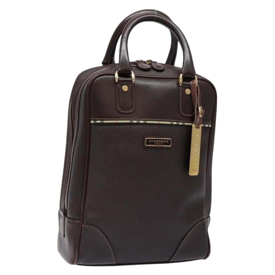 Burberry Leather Hand Bag Dark Brown Gold Auth BS28754: Burberry Leather Hand Bag Dark Brown Gold Auth BS28754 This BURBERRY hand bag is crafted from premium leather in a striking dark brown and gold color combination. With approximate dimensions of 11.8 i
