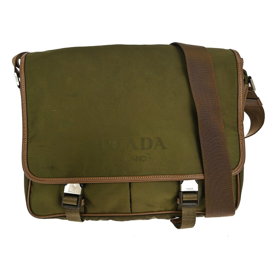 Prada Khaki Nylon Medium Crossbody Purse with Buckle Closure: Prada Khaki Nylon Medium Crossbody Purse with Buckle Closure This PRADA Khaki Nylon Crossbody Bag combines functionality with chic style, perfect for casual occasions. It features a buckle closure and