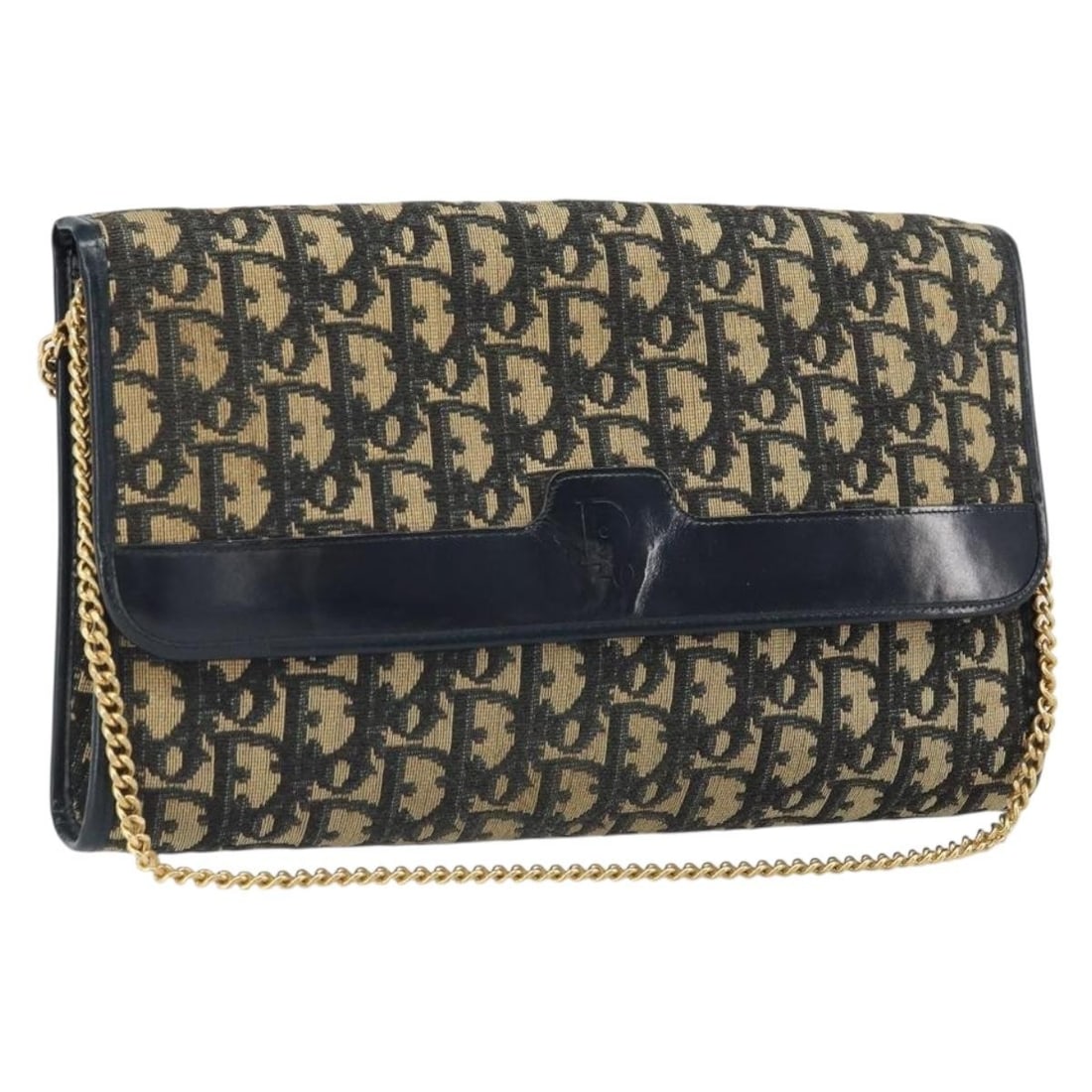 Navy Trotter Canvas Shoulder Bag by Christian Dior with Gold Accents: Navy Trotter Canvas Shoulder Bag by Christian Dior with Gold Accents This Christian Dior shoulder bag features the iconic Trotter canvas in navy and gold tones. Made in France, it has a compact design