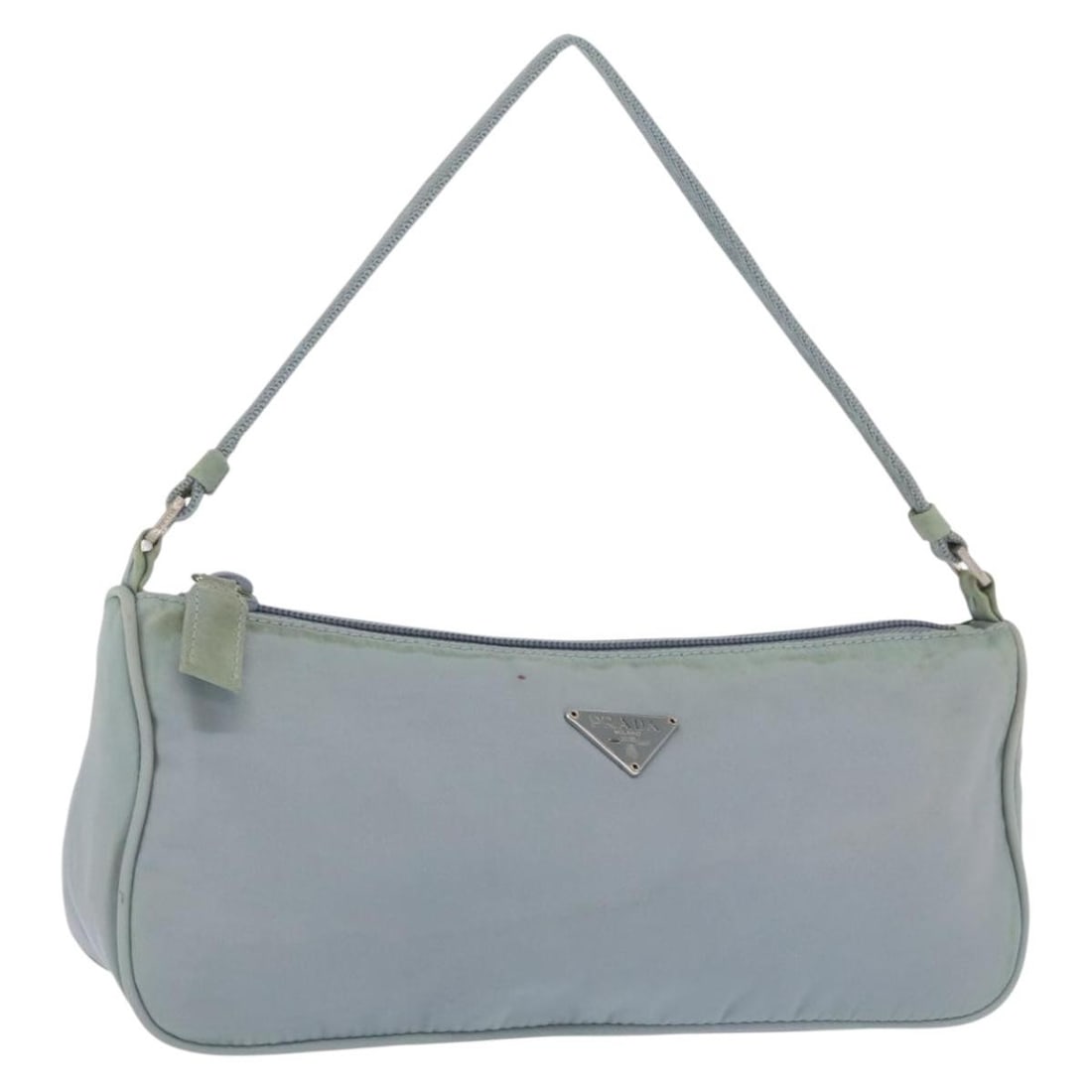 Light Blue Nylon PRADA Accessory Pouch Silver Tone Made in Italy: Light Blue Nylon PRADA Accessory Pouch Silver Tone Made in Italy This PRADA accessory pouch features a light blue nylon exterior with silver-toned details. Designed for everyday use, it is crafted in