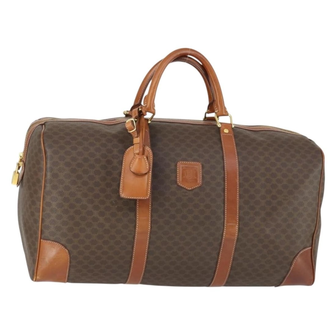 Celine Boston Bag Macadam Canvas and PVC Leather Brown Gold with Padlock (1 of 18)