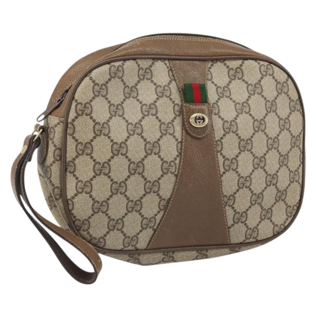 Gucci Sherry Line Beige PVC GG Supreme Clutch Bag 89 01 034: Gucci Sherry Line Beige PVC GG Supreme Clutch Bag 89 01 034 This Gucci GG Supreme Web Sherry Line clutch bag features a beige and gold PVC leather exterior with GG canvas accents. The bag is made in I