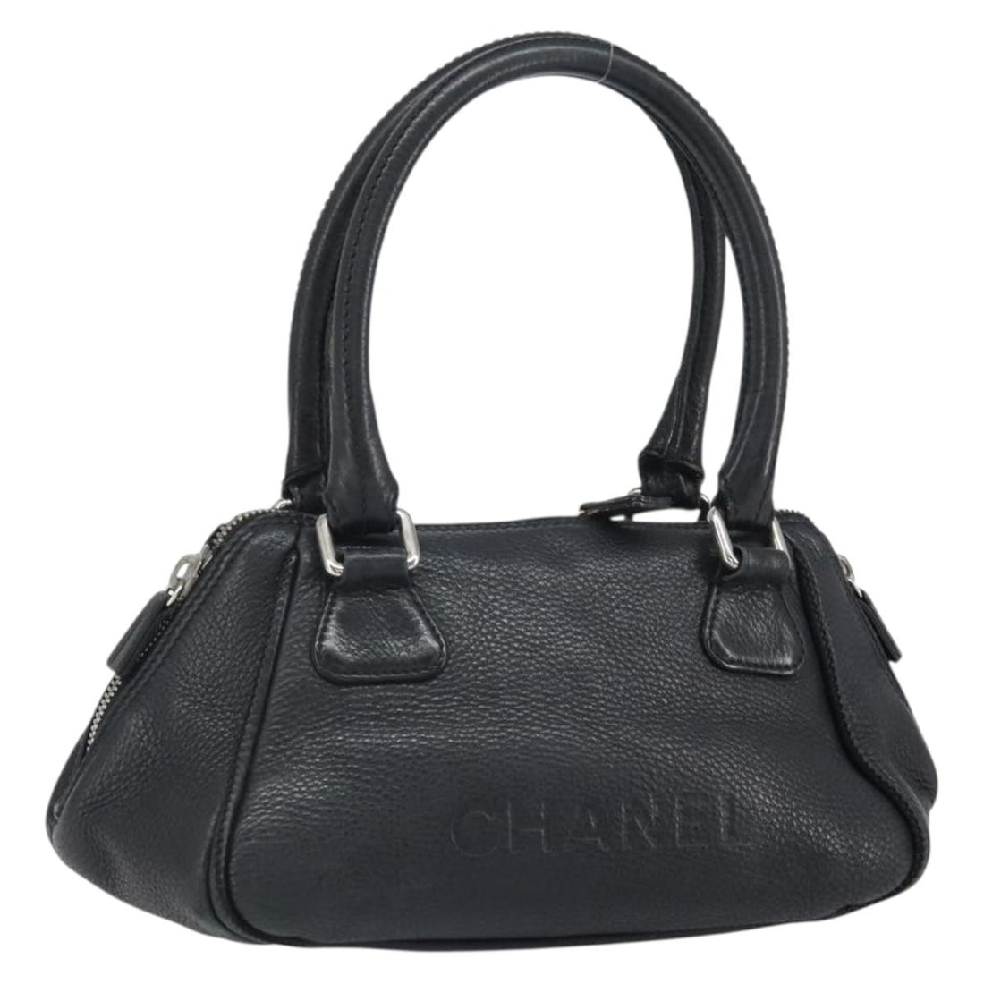 Black Leather Chanel Handbag with Silver CC Logo Italy: Black Leather Chanel Handbag with Silver CC Logo Italy This CHANEL hand bag features black leather with silver-tone accents and the iconic CC logo. Made in Italy, it is designed with a classic silhoue