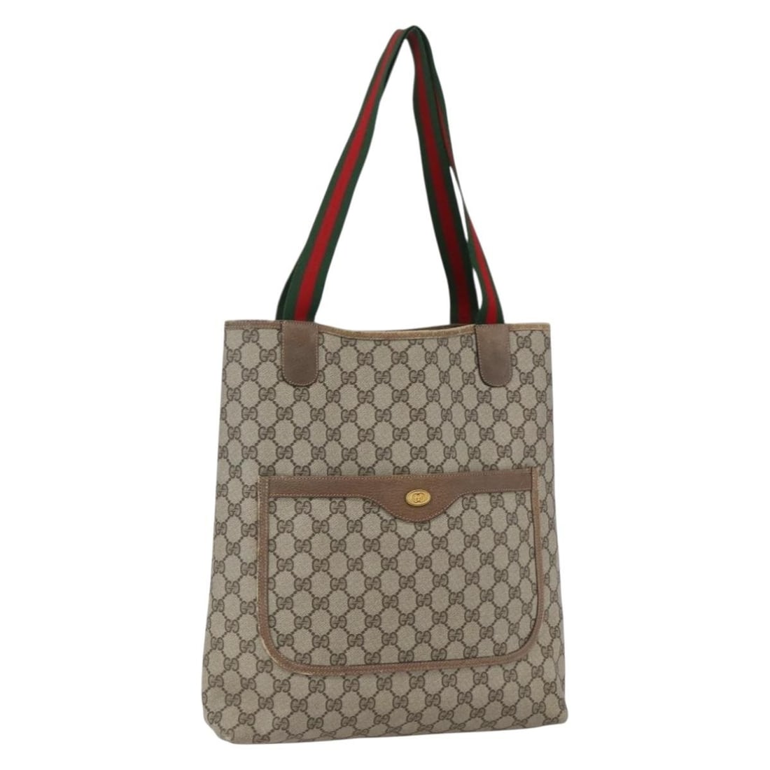 Gucci Beige Red GG Supreme Web Tote Bag PVC Leather 39 02 003: Gucci Beige Red GG Supreme Web Tote Bag PVC Leather 39 02 003 This Gucci GG Supreme Web Sherry Line Tote Bag features a beige and red color scheme with a combination of PVC leather and GG canvas mater