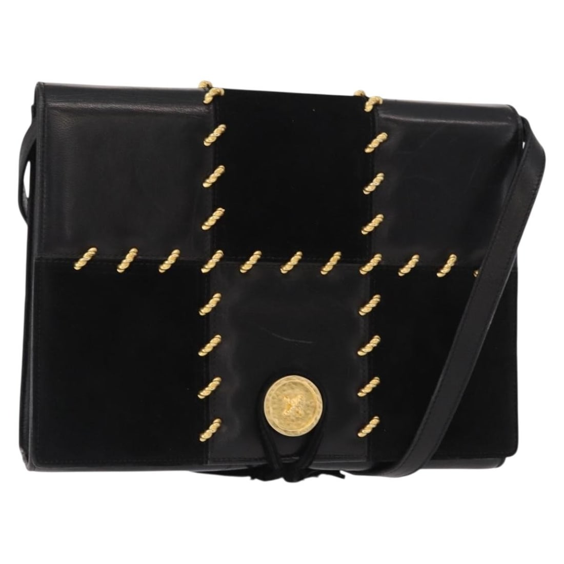 Salvatore Ferragamo Gancini Black Gold Suede Shoulder Bag Auth L214728: Salvatore Ferragamo Gancini Black Gold Suede Shoulder Bag Auth L214728 This Salvatore Ferragamo Gancini Shoulder Bag combines luxury and elegance with its rich black suede exterior accented by gold ha