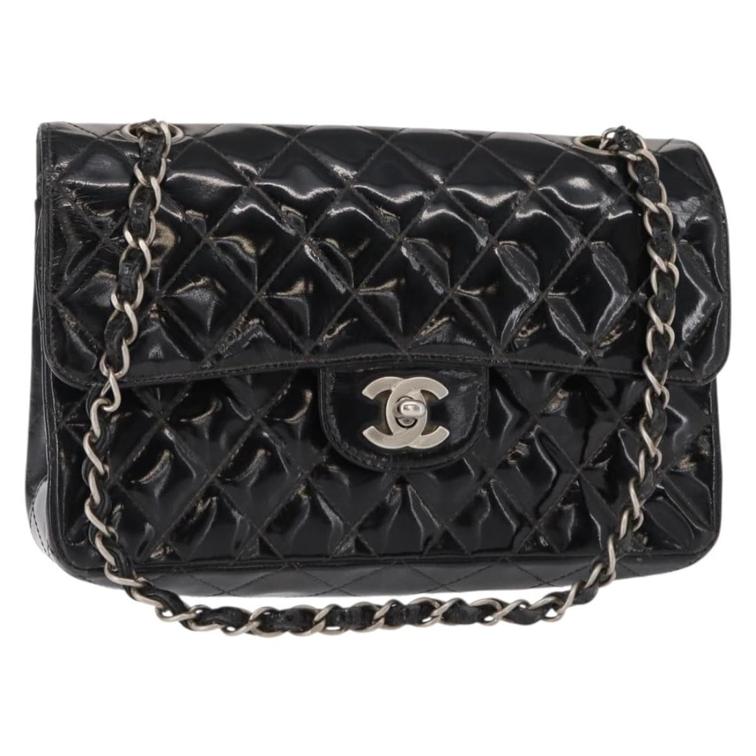 Black Patent Leather Double Flap Shoulder Bag by CHANEL Matelasse 23 Silver CC: Black Patent Leather Double Flap Shoulder Bag by CHANEL Matelasse 23 Silver CC This CHANEL Double Flap Matelasse 23 shoulder bag features a black patent leather exterior with silver-tone CC hardware.
