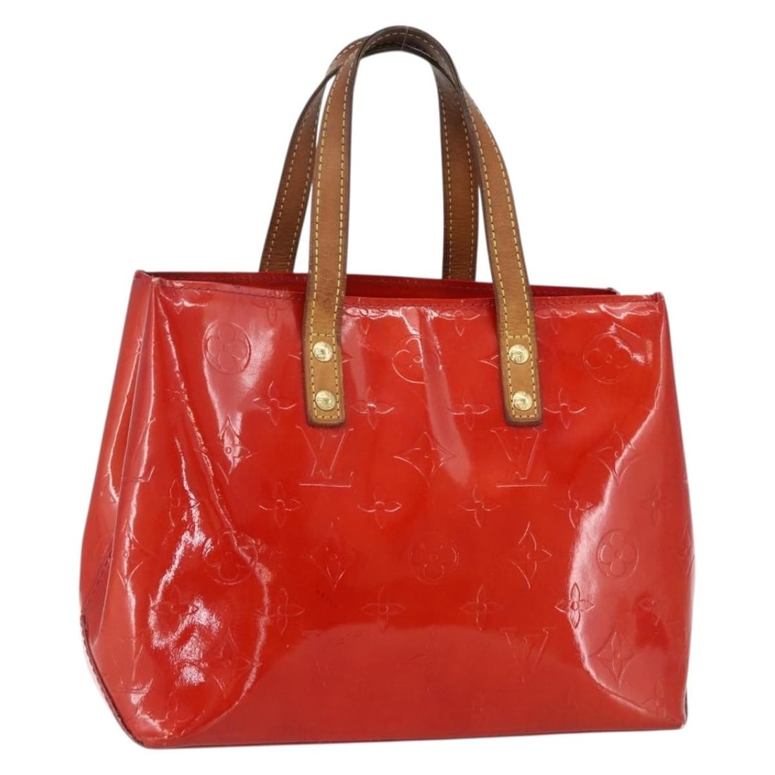 Louis Vuitton Reade PM Monogram Vernis Red Patent Leather Tote M91088: Louis Vuitton Reade PM Monogram Vernis Red Patent Leather Tote M91088 This Louis Vuitton Reade PM handbag features a striking red monogram Vernis patent leather exterior. The bag is crafted in France