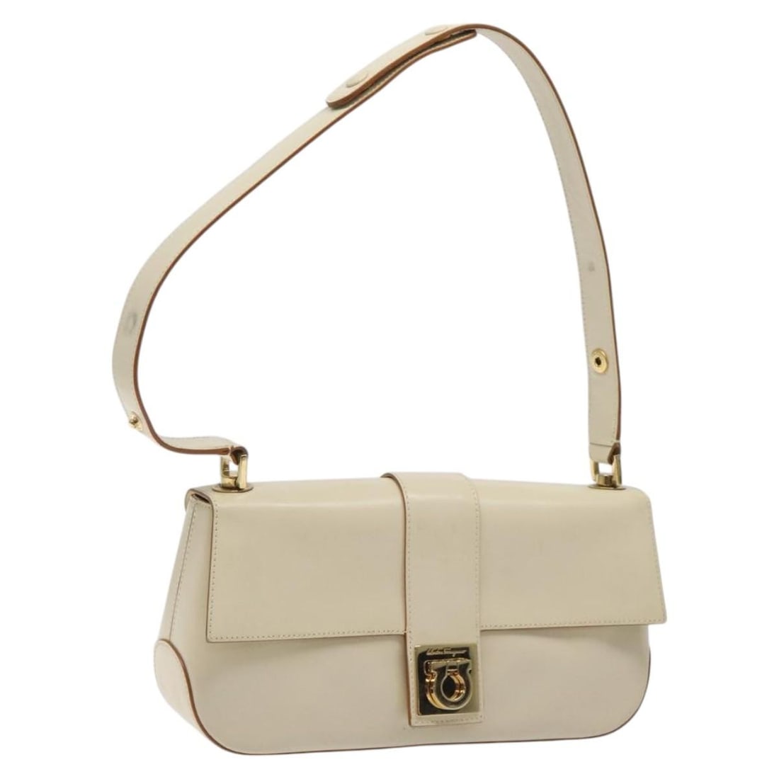 Salvatore Ferragamo Gancini Hand Bag Leather Beige Gold Italy Auth (1 of 18)