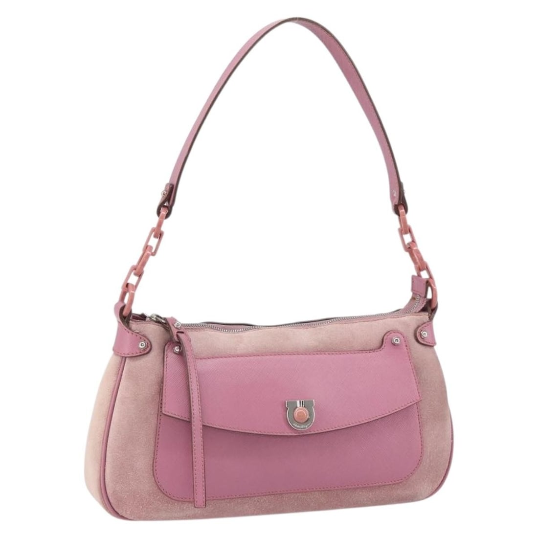 Pink Suede Gancini Shoulder Bag by Salvatore Ferragamo: Pink Suede Gancini Shoulder Bag by Salvatore Ferragamo This Salvatore Ferragamo Gancini shoulder bag is crafted from pink suede with silver-tone accents. Made in Italy, it features a compact design wi