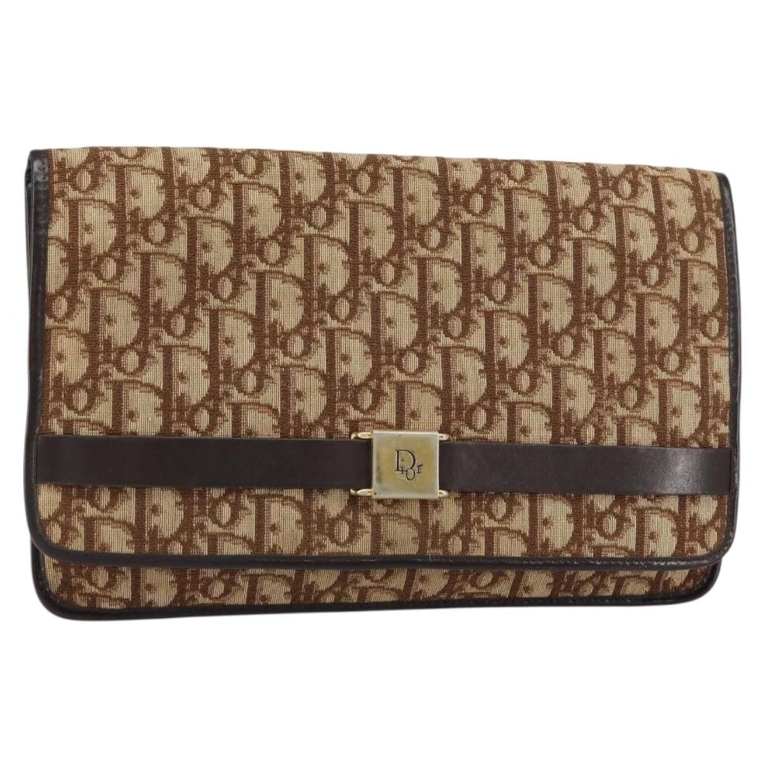 Brown Gold Trotter Canvas Clutch by Christian Dior France: Brown Gold Trotter Canvas Clutch by Christian Dior France This Christian Dior clutch bag features the signature Trotter canvas in brown and gold tones. Made in France, it is designed as a classic clut