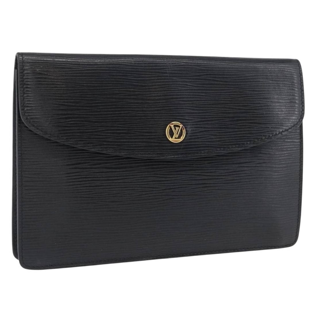Louis Vuitton M52662 Black Epi Leather Montaigne 23 Clutch Made in France: Louis Vuitton M52662 Black Epi Leather Montaigne 23 Clutch Made in France This Louis Vuitton Montaigne 23 clutch bag in black Epi leather features a sleek, compact design with dimensions approximately