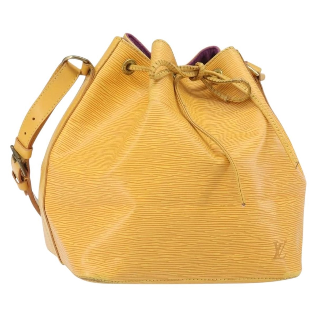 Yellow Epi Leather Petit Noe Shoulder Bag by Louis Vuitton M44109: Yellow Epi Leather Petit Noe Shoulder Bag by Louis Vuitton M44109 This is a Louis Vuitton Petit Noe shoulder bag crafted from yellow Epi leather. The bag features an adjustable shoulder strap, drawstr